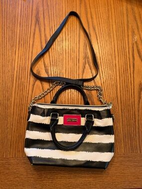 Betsey Johnson Black & White Striped Satchel with Red Logo Plaque